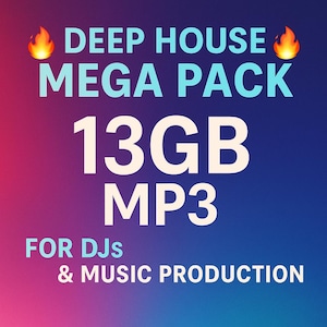 Könnte beinhalten: Ein digitales Grafikdesign mit dem Text "DEEP HOUSE MEGA PACK" in Hellblau, mit Flammen auf beiden Seiten. Darunter steht der Text "13GB MP3" in Weiß. Der untere Teil der Grafik lautet "FOR DJs & MUSIC PRODUCTION" in Hellblau.
