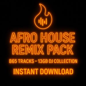 Op de afbeelding: Neonoranje afbeelding op een zwarte achtergrond. De tekst luidt "AFRO HOUSE REMIX PACK" met de details "865 TRACKS - 13GB DJ COLLECTION" en "INSTANT DOWNLOAD". Een vlam-icoon staat bovenaan.