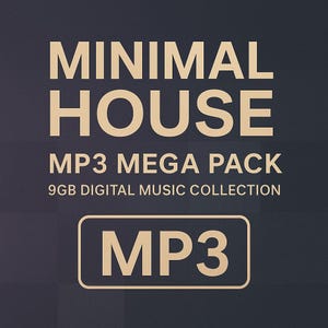 May include: A digital music collection advertisement. The text reads "MINIMAL HOUSE MP3 MEGA PACK 9GB DIGITAL MUSIC COLLECTION" in a gold color. The word "MP3" is in a gold rectangle at the bottom.