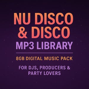 Può includere: Annuncio di un pacchetto di musica digitale con sfondo viola scuro e testo arancione e viola. Il testo recita "NU DISCO & DISCO MP3 LIBRARY" e "8GB DIGITAL MUSIC PACK FOR DJS, PRODUCERS & PARTY LOVERS."