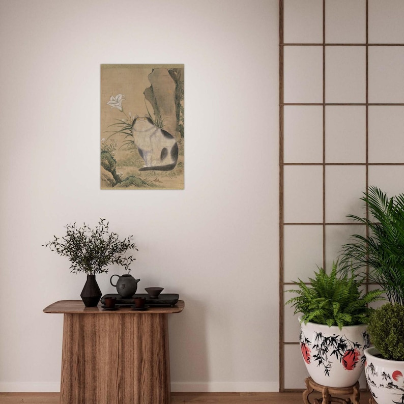 Vintage Korean Cat Art Print Derpy Joseon Dynasty Cat With White Lily Painting Woodblock Asian Art image 7