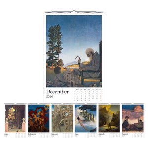 May include: A 2026 wall calendar featuring a series of artistic illustrations. The December page shows an elderly man and a child building with blocks. Additional months display various paintings with figures and landscapes.