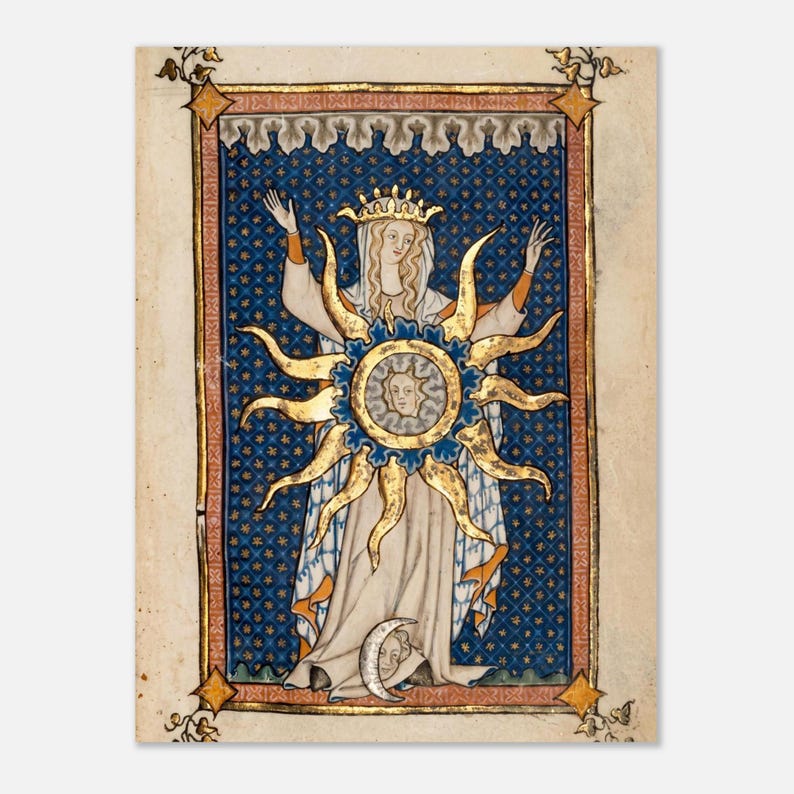 Medieval Manuscript Art Print Revelation 12 Woman Clothed With The Sun Moon Celestial Gothic Wall Decor Dark Academia Myth and Symbolism image 1