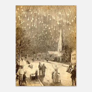 May include: A sepia-toned vintage illustration depicting a night scene with a meteor shower raining down over a town street. People are gathered on the sidewalk looking up at the sky, with a church steeple visible in the background.