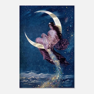 May include: Vintage art print depicting a woman seated on a crescent moon against a starry night sky. The woman wears a flowing purple gown and a silver crown. A stream of colorful gems flows from the moon, over the clouds.