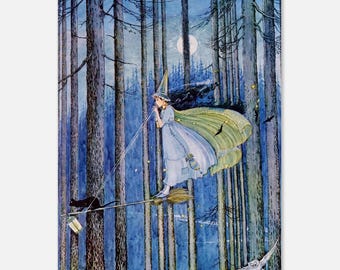 Vintage Witch Broomstick Art Print Fairy Illustration Black Cat Flying Moon Wall Decor Cottagecore Poster Golden Age Art