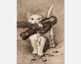 May include: Sepia-toned illustration of a white cat holding a dark-colored bird in its mouth. The cat stands upright, with the bird's feathers prominently displayed. Dried leaves and twigs are scattered on the ground. The artwork has a vintage aesthetic.