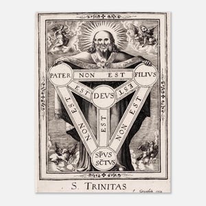 May include: A black and white engraving titled S. TRINITAS depicting a three-faced figure holding a triangular diagram labeled with Latin text including PATER, FILIVS, DEVS, and SPVS SCTV S. The figure is surrounded by four winged creatures.