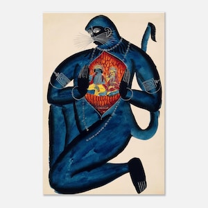 Vintage Hanuman Rama Sita-kunstafdruk | Kalighat Indiase volkskunst | Muurdecoratie hindoeïstische mythologie | Spiritueel poster cadeau voor interieur