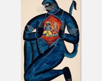 Vintage Hanuman Rama Sita Art Print | Kalighat Indian Folk Art | Hindu Mythology Wall Decor | Spiritual Home Decor Poster Gift