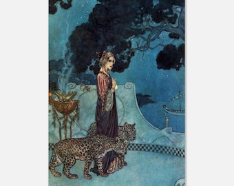 Circé avec des léopards, impression Art nouveau vintage Edmund Dulac, déesse mythologique, art mural, milieu universitaire sombre, bleu maussade, décor mythe et symbolisme
