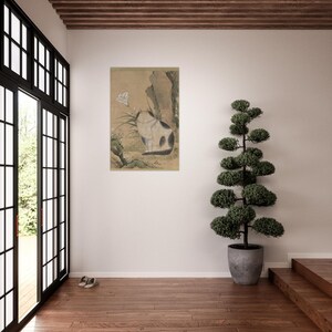 Vintage Korean Cat Art Print Derpy Joseon Dynasty Cat With White Lily Painting Woodblock Asian Art image 2