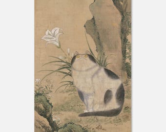 Vintage Korean Cat Art Print Derpy Joseon Dynasty Cat with White Lily Painting Antique Asian Wall Decor Poster Woodblock & Asian Art DYHlW