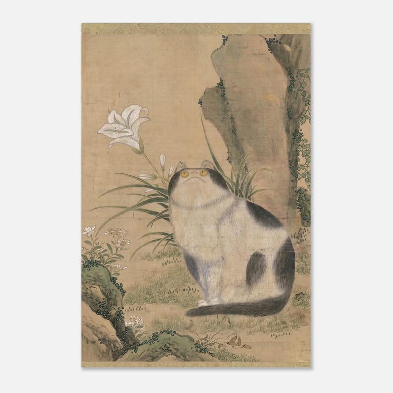 Vintage Korean Cat Art Print Derpy Joseon Dynasty Cat With White Lily Painting Woodblock Asian Art image 1