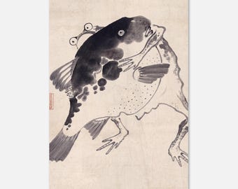 May include: A black and white ink wash painting on paper depicting a large fish with a dark, rounded head and a spotted body, positioned behind a frog with visible eyes and limbs. The artwork features a small red seal mark on the left side.