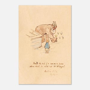 Può includere: Un'illustrazione ad acquerello con un coniglio in giacca blu di fronte a un uomo barbuto con occhiali vicino a una cornice di legno. Il testo recita: Round the end of a cucumber frame, whom should he meet but Mr. McGregor! Beatrix Potter, Aug 1927.