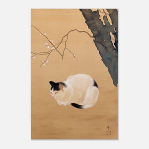 May include: A painting on a tan background featuring a white cat with black markings on its head and tail, resting in a curled position. Above the cat, a dark, textured tree trunk stands beside a thin, delicate branch with small white blossoms.