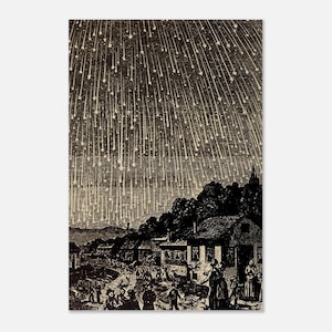 May include: A black and white vintage-style engraving print depicting a meteor shower raining down over a small village. Numerous star-shaped streaks descend from the night sky toward a cluster of houses and small figures standing outside.