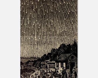 Vintage Meteor Shower Art Print 1833 Leonid Star Storm Woodcut Wall Decor Historical Astronomy Poster Dark Academia Moody