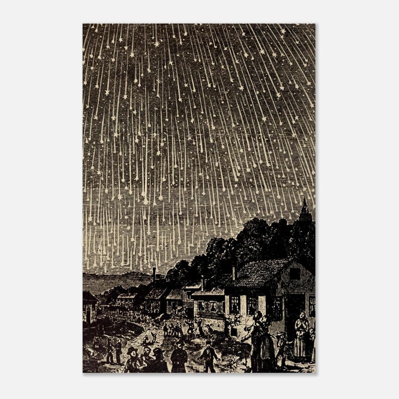 Vintage Meteor Shower Art Print 1833 Leonid Star Storm Woodcut Wall Decor Historical Astronomy Poster Dark Academia Moody image 1