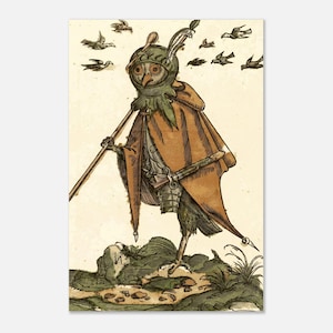 Weird Medieval Owl Knight Woodcut Print 1565 Bizarre Grotesque Creature Antique Bird Art Dark Academia Decor Dark Academia & Moody
