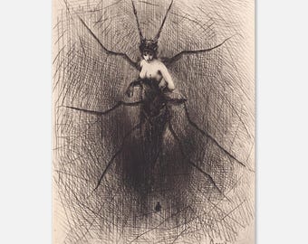 Vintage Spider Woman Etching Un Drame Macabre Symbolist Art Print Antique Dark Fairy Tale Illustration Poster Gothic Oddities