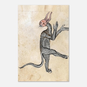 May include: A medieval-style illustration of a fantastical creature. The creature has a gray body with a long tail, a pink rabbit-like head, and outstretched arms. The background is a parchment-like color.