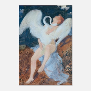 May include: A watercolor painting depicts a figure embracing a swan. The figure has red hair and is nude, with the swan's white wings and neck enveloping them. The background features dark blue and brown tones.