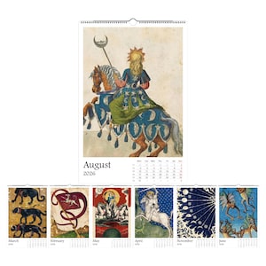 May include: A 2026 wall calendar featuring medieval art illustrations. The August page shows a figure on horseback holding a staff with a crescent moon. Other months display various medieval scenes. The calendar is spiral-bound.