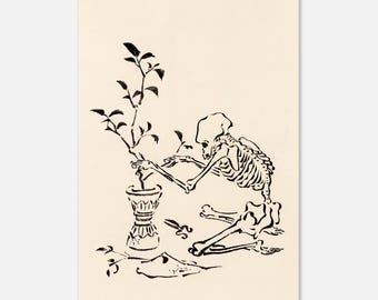 Kawanabe Kyosai Skeleton Pruning Plant Art Print | Japanese Sumi-e Ink Sketch | Vintage Gothic Wall Art | Macabre Home Decor Print