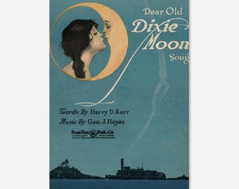 Vintage Moon Art Print Woman Kissing Crescent Moon 1920s Sheet Music Poster Celestial Wall Decor Whimsigoth Gift Retro Decor