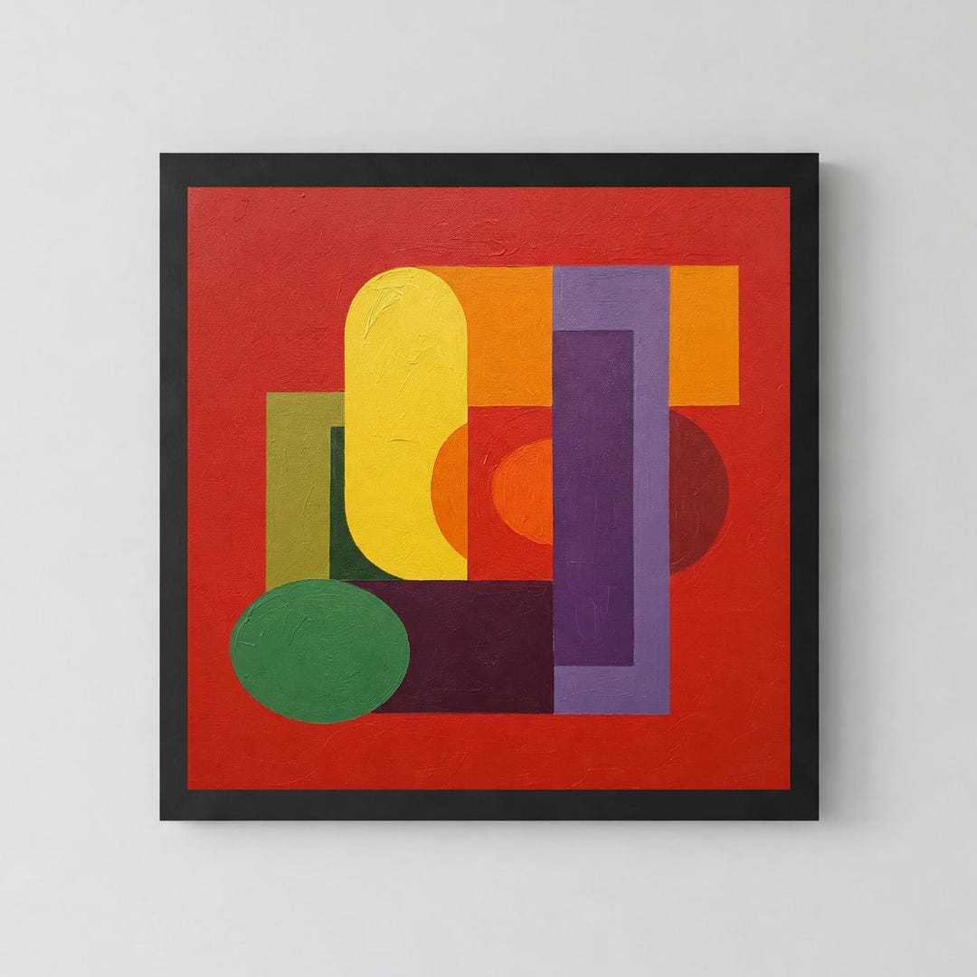 Vibrant Abstract Geometric Shapes Art Print, Bold Red Background Color ...