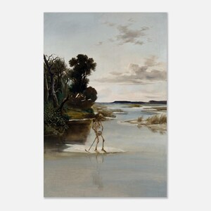May include: A painting depicting a skeleton standing on a sandy riverbank, holding a scythe. The scene features a calm river, dark trees on the left, and a cloudy sky. The skeleton is reflected in the water, creating a somber landscape composition.