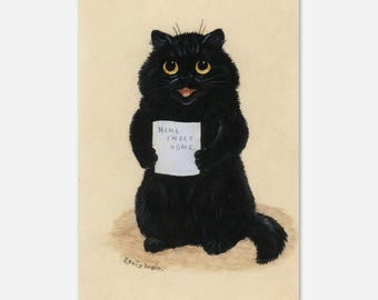 Home Sweet Home by Louis Wain Fine Art Print, Vintage Cat Poster, Victorian Wall Art, Funny Black Cat Decor, Quirky Animal Gift