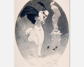 Vintage Art Deco Fashion Illustration Winter Snow Woman Print Wall Art Canvas Decor Poster Giclee Fine Home Golden Age Art