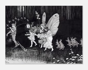 Vintage Fairy Art Print Antique Illustration Mythical Woodland Night Fairies Wall Decor Unframed Poster Dark Academia Myth Symbolism