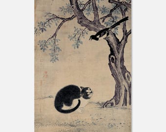 May include: An antique-style print featuring a black and white cat looking up at a black and white bird perched in a tree. The tree has blue-green leaves and the background is a light beige.