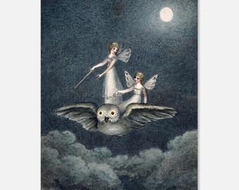 Vintage Fairy Riding Owl Art Print Celestial Moonlit Night Fairies Wall Art Victorian Dark Fantasy Poster Myth Symbolism