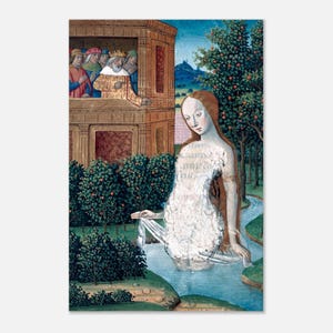 May include: A medieval manuscript illustration depicting a figure with long brown hair standing in a stream, wearing a white garment. In the background, a stone building with a balcony holds several figures, and a fruit tree stands nearby.