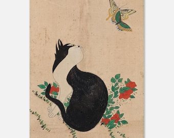 Korean Cat Painting Minhwa Print Asian Folk Art Black Cat Poster Cat Watching Butterfly Wall Art Woodblock And Asian Art Print