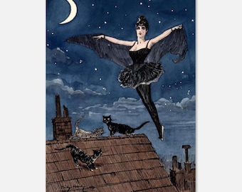 Vintage Bat Woman Art Print Dudley Hardy Cat Illustration Moon Rooftop Gothic Wall Decor Unframed Art Nouveau Vintage