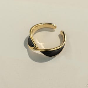 Gold Open Ring with Black Enamel: Minimalist Crossover Ring
