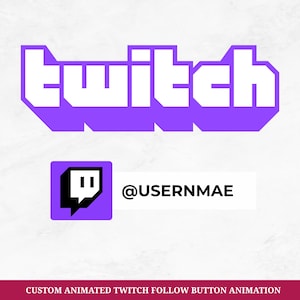 Puede incluir: Un logotipo de Twitch morado y blanco con el nombre de usuario @USERNMAE. La imagen también incluye una animación del botón de seguimiento de Twitch. El texto "CUSTOM ANIMATED TWITCH FOLLOW BUTTON ANIMATION" está en la parte inferior.