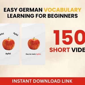 Peut inclure: Image promotionnelle pour l'apprentissage du vocabulaire allemand pour débutants. Elle présente des flashcards avec une illustration de pomme et le mot allemand "Apfel". Le texte met en évidence "150 Short Video" et un "Instant Download Link."