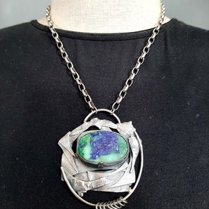Lovely artisan modernist oxidized raw Sterling silver & Azurite druzy gemstone brutal industrial pendant necklace. tribalgallery.