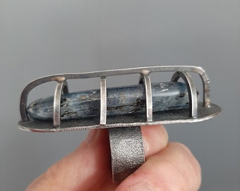 Hand made caged oxidized raw sterling silver + natural Kyanite industrial brutalist ring for her or him, US size 10,5. tribalgallery.