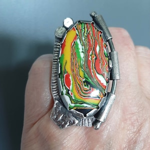 Artisan hand made oxidized sterling silver Fordite industrial statement brutalist raw silver ring US 8 adjustable. Tribalgallery