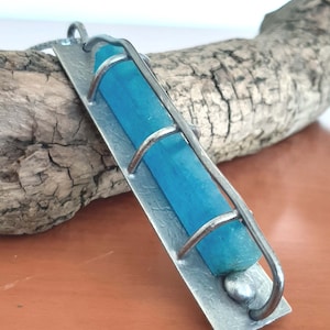 Caged artisan modernist organic oxidized Sterling silver & raw Aquamarine Brazil gemstone brutal industrial pendant necklace. tribalgallery.