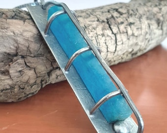Caged artisan modernist organic oxidized Sterling silver & raw Aquamarine Brazil gemstone brutal industrial pendant necklace. tribalgallery.