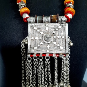 Huge vintage Arab Yemen Bedouin necklace with silver Hirz and beads with agate and resin beads. Tribalgallery